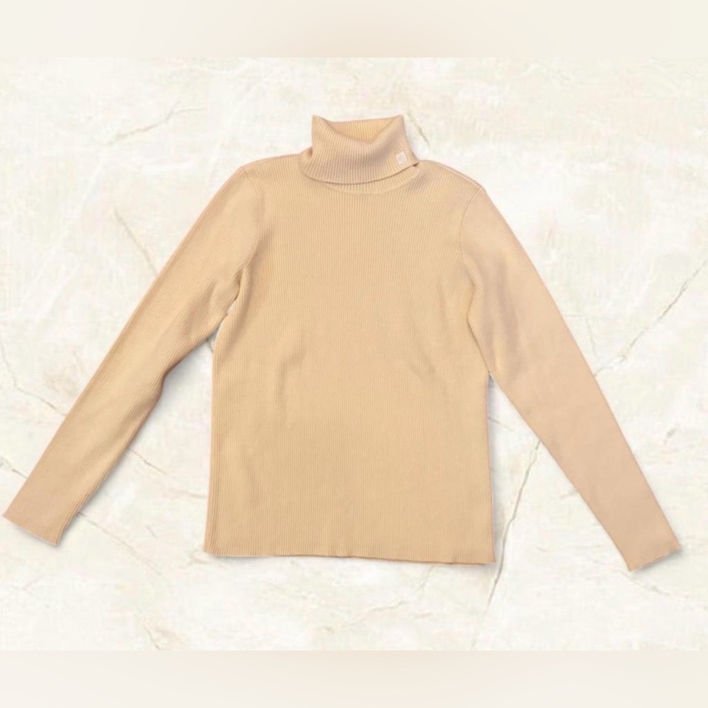 Lauren by Ralph Lauren Old Money Cotton Yellow Turtleneck Sweater Preppy Size L